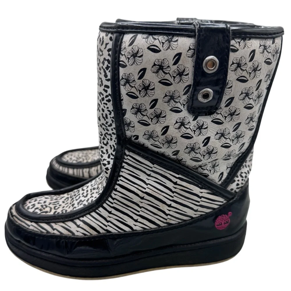 Timberland Girl’s Black and White Print with Pink Accents Snow Boots - Size 11